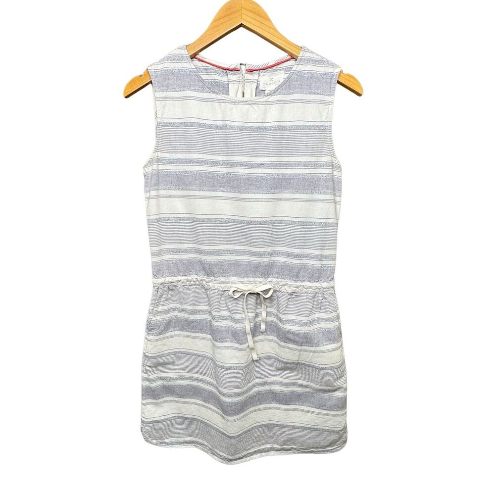 Caslon Linen Blend Sun Dress XS Gray/White Stripe Pockets Sleeveless Short Crisp